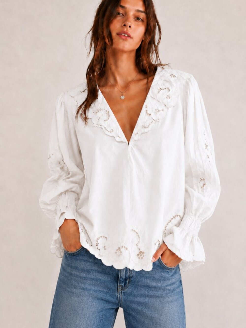 Free People White Floral Boho Maisie Cutwork Embroidered Ruffle Crop Blouse M